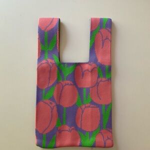 NEW Knit Woven Stretchy Fabric Bag Small Purse Handles Wrist Loop Tulips